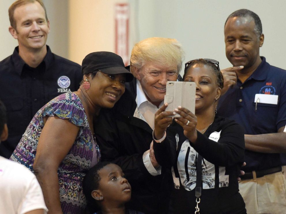 PHOTO: President Donald Trump and Melania Trump meet people impacted by Hurricane Harvey during a visit to the NRG Center in Houston, Sept. 2, 2017.
