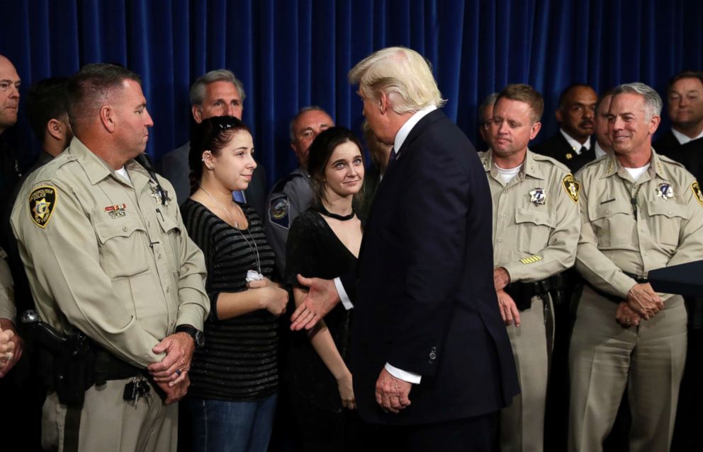 PHOTO: President Donald Trump meets with first responders and private citizens that helped during the mass shooting, Oct. 4, 2017, in Las Vegas.