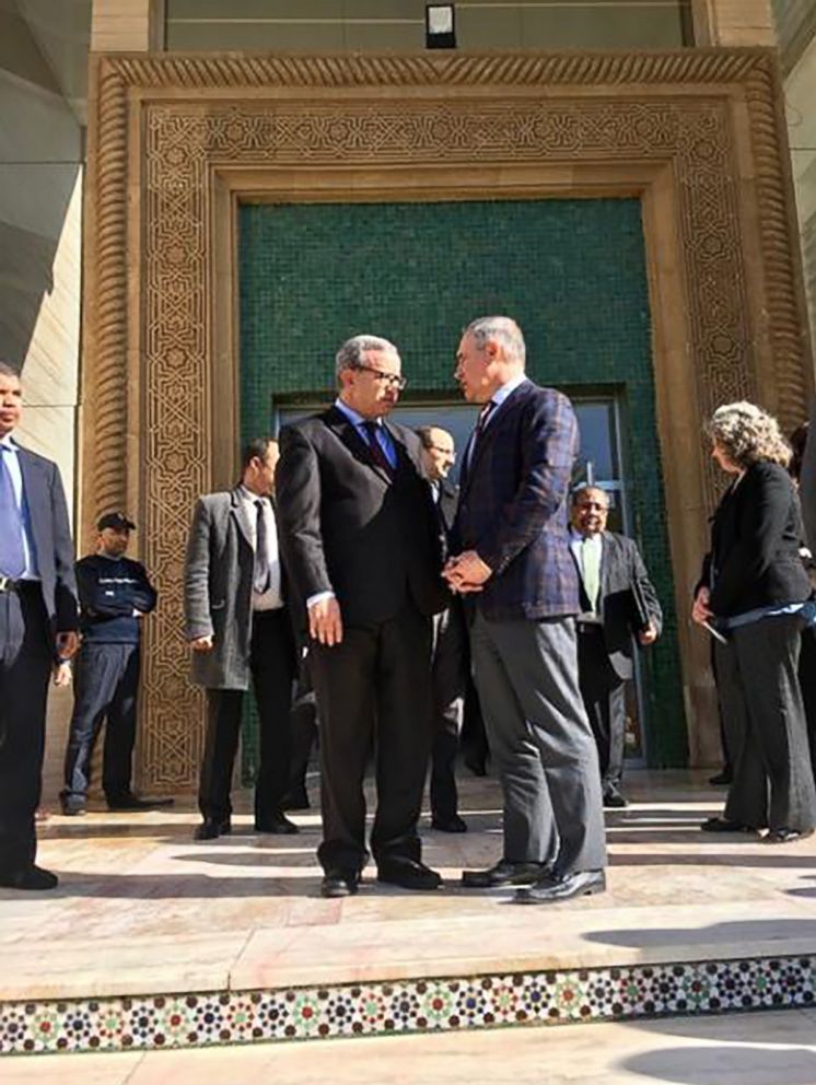 PHOTO: EPA Administrator Scott Pruitt, center right, talks with Moroccan Secretary of State of Ministry of Foreign Affairs, Mounia Boucetta, during a trip to Morocco in December of 2017.
