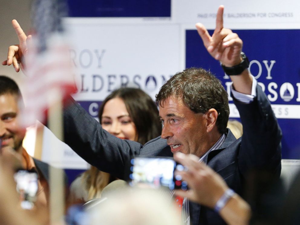 Troy Balderson, Republican candidate for Ohios 12th Congressional District, greets a crowd of supporters during an election night party Tuesday, Aug. 7, 2018, in Newark, Ohio.