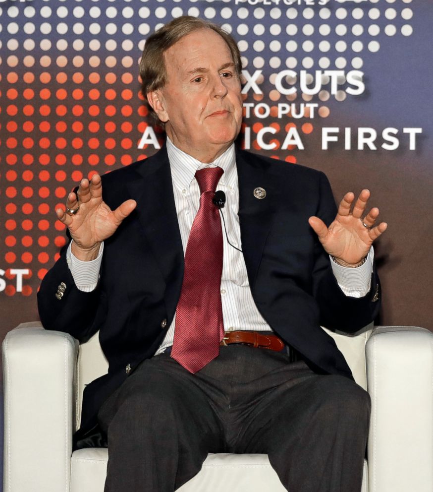 PHOTO: Rep. Robert Pittenger speaks at an event on tax policy in Charlotte, N.C., April 20, 2018. Pittenger features Trump prominently in his campaign.