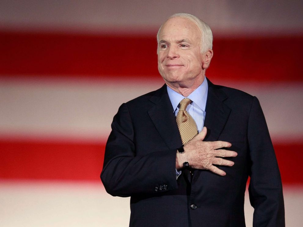 PHOTO: Republican presidential nominee and Sen. John McCain concedes victory on stage during the election night rally, Nov. 4, 2008 in Phoenix, Ariz.