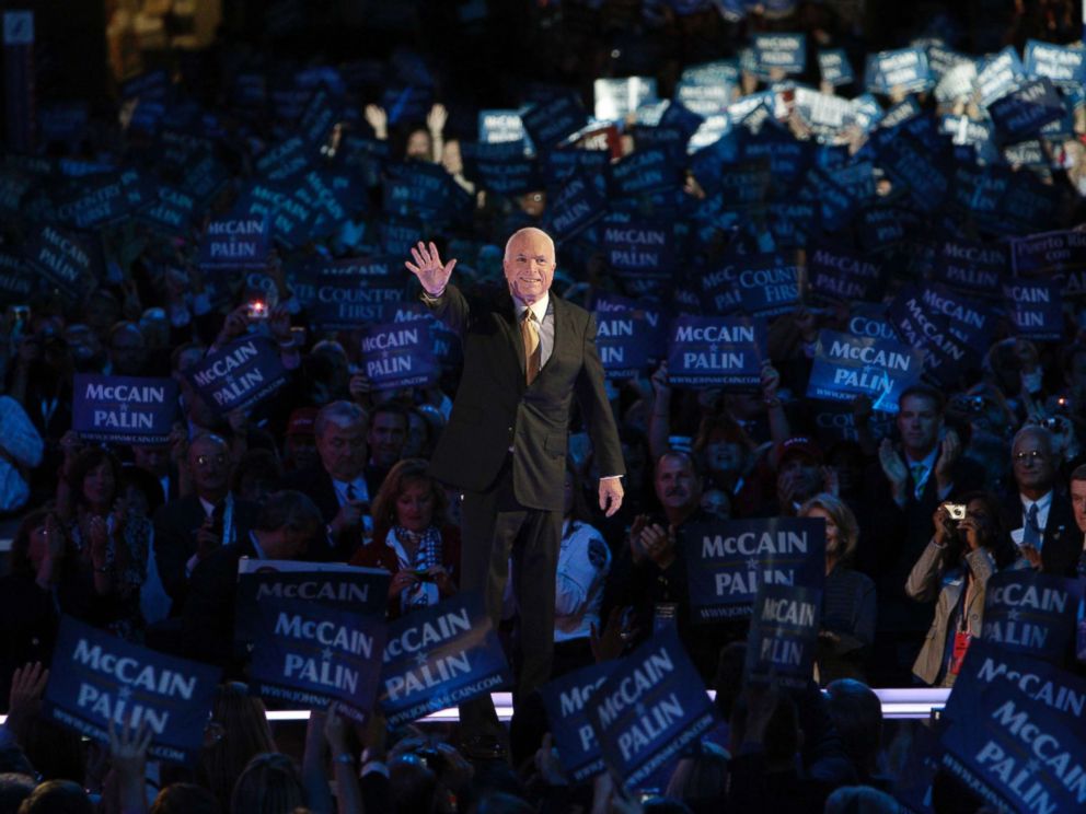 PHOTO: Senator and presidential candidate John McCain acknowledges the crowd at the Republican National Convention in St. Paul, Minn., Sept. 4, 2008.