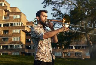 Yusuf Oliver Narcin and his bass trombone, East Dulwich, London