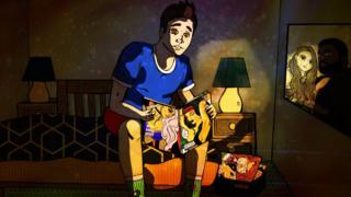 Illustration showing a teenager viewing adult magazines in his parents bedroom